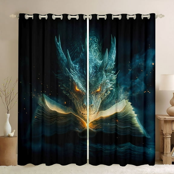 Feelyou Kawaii Gothic Dragon Black Out Curtains, Dreamy Anime Curtains Pack of 2 (42x63 Each), Cartoon Western Animal Bedroom Curtains, Black Out Curtains Decor