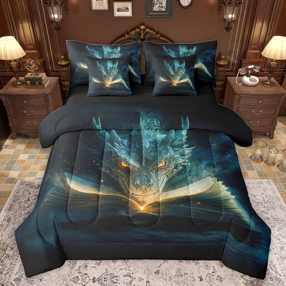 Feelyou Kawaii Gothic Dragon Twin Bedding Sets 7-Piece, Dreamy Anime Bedding Comforter Set, Cartoon Western Animal Reversible Sheet Sets, Microfiber Bedroom Decor