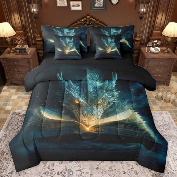 Feelyou Kawaii Gothic Dragon Twin Bedding Sets 7-Piece, Dreamy Anime Bedding Comforter Set, Cartoon Western Animal Reversible Sheet Sets, Microfiber Bedroom Decor