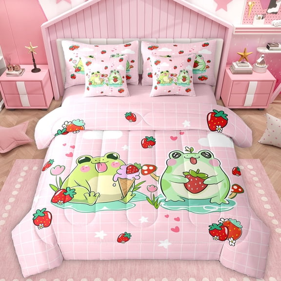 Feelyou Kawaii Green Frog Bedding Comforter Set 7pcs for Kids, Cartoon Strawberry Fruit King Bedding Sets, Girly Pink Buffalo Reversible Bed Sheets, Lightweight Room Decor