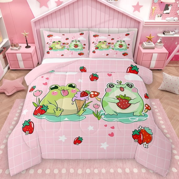 Feelyou Kawaii Green Frog Queen Comforter Set for Kids, Cartoon Strawberry Fruit Bedding Sets, Girly Pink Buffalo Reversible Bedding Comforter Set, Lightweight Room Decor, 3-Piece