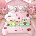 thumbnail image 1 of Feelyou Kawaii Green Frog Twin Bedding Sets 7-Piece for Kids, Cartoon Strawberry Fruit Bedding Comforter Set, Girly Pink Buffalo Reversible Sheet Sets, Lightweight Room Decor, 1 of 8