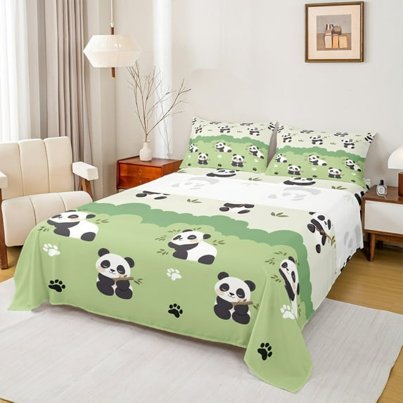 Feelyou Kawaii Green Panda Bed Sheets, Cartoon Cute Animal King Sheets, Teens Boys Girls Kids Sheet Set, Lightweight Room Decor, 4pcs