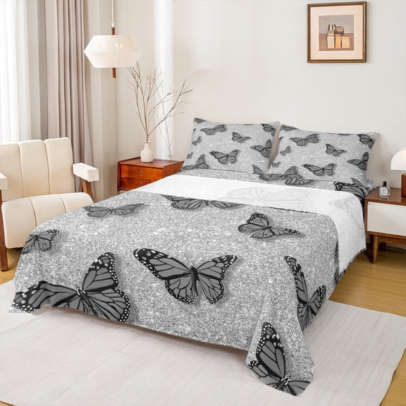 Feelyou Kawaii Grey Buttefly Queen Sheet Sets, Fashion Glitter Stars Flat Sheet, Teens Kids Boys Girls Queen Fitted Sheet, Breathable Home Decor, 4 Pieces