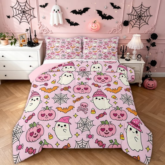Feelyou Kawaii Halloween Ghost Queen Comforter Set, Cute Pumpkin Candy Comforter Sets Queen, Pink Reversible, 3 Pieces, 1 Comforter and 2 Pillowcases