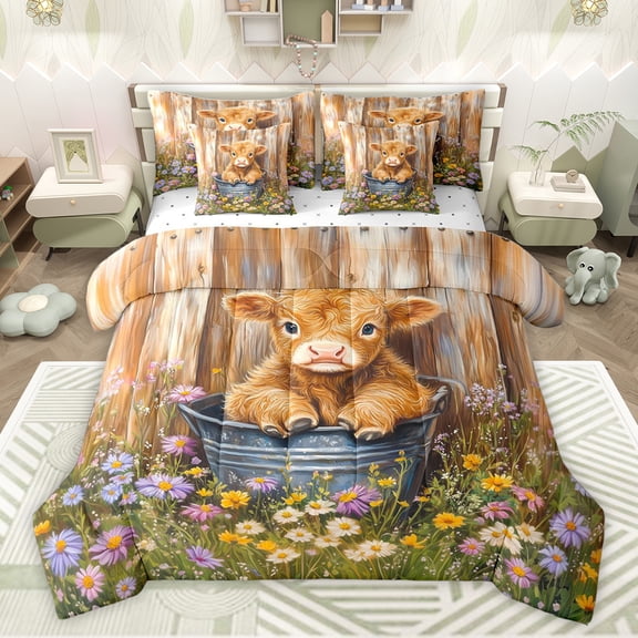 Feelyou Kawaii Highland Bull Bedding Comforter Set 7pcs, Rustic Groovy Flower King Bedding Sets, Cartoon Rustic Animal Reversible Bed Sheets, Luxury Bedroom Decor