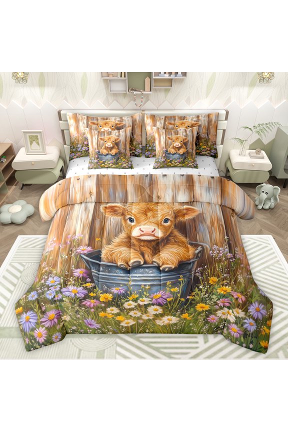 Kawaii Highland Bull Bedding Comforter Set 7pcs, Rustic Groovy Flower King Bedding Sets, Cartoon Rustic Animal Reversible Bed Sheets, Luxury Bedroom Decor