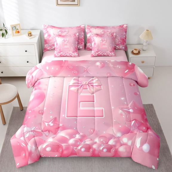 Feelyou Kawaii Initial E Twin Bedding Sets 7pcs, Pink Stars Balloon Bedding Comforter Set