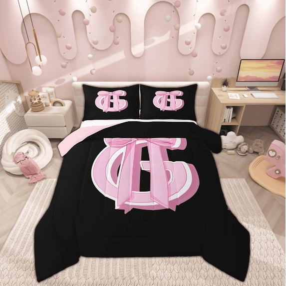 Feelyou Kawaii Initial Letter Bedding Sets Queen with Comforter, Monogrammed G Duvet Insert, Pink Ribbon Cow Reversible Down Comforter, Ultra Soft Bedroom Decoration, 3pcs
