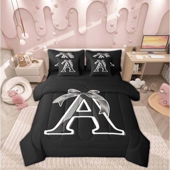 Feelyou Kawaii Initial Letter Bedding Sets Queen Size, Monogrammed A Comforter Sets with Sheets, Cool Ribbon Cow Reversible Bed Set, Ultra Soft Bedroom Decoration, 7pcs