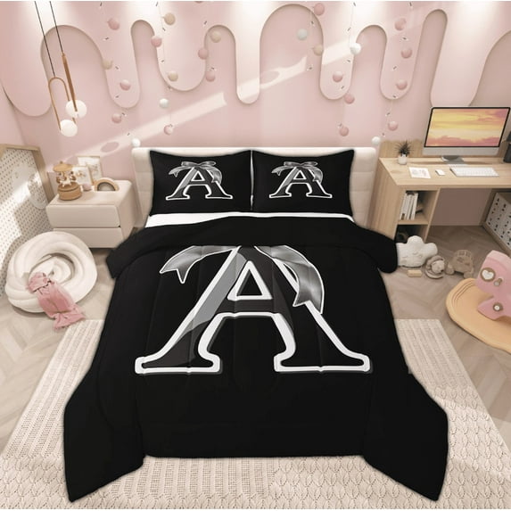 Feelyou Kawaii Initial Letter Comforter Sets Full Size, Monogrammed A Comforters & Duvets, Cool Ribbon Cow Reversible Duvet Insert, Ultra Soft Bedroom Decoration, 3pcs