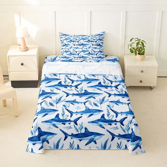 Feelyou Kawaii Ink Shark Twin Sheet Sets for Kids Boys, Watercolor Cartoon Ocean Animal Bedding, White Blue, 3 Pieces