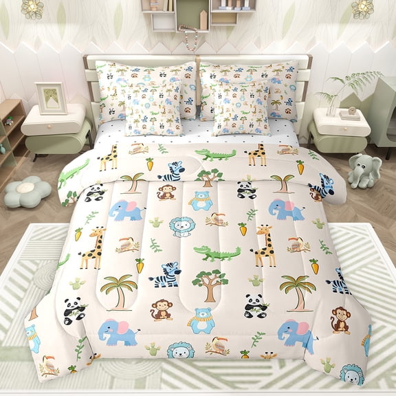 Feelyou Kawaii Jungle Animal Bedding Comforter Set 7pcs for Kids, Lion Elephant Monkey Bear King Bedding Sets, Coconut Tree Plant Reversible Bed Sheets, Super Cozy Room Decor
