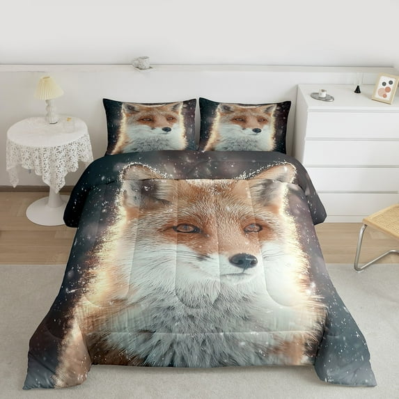 Feelyou Kawaii Jungle Fox Full Size Comforter Sets, Winter Wildlife Animal Bedding Comforter Set, Teen Kid Child Bedding Sets, Microfiber Bedroom Decor, 3 Pieces