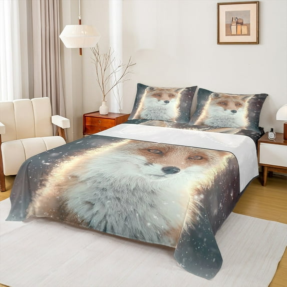Feelyou Kawaii Jungle Fox Queen Sheet Sets, Winter Wildlife Animal Flat Sheet, Teen Kid Child Queen Fitted Sheet, Microfiber Bedroom Decor, 4 Pieces