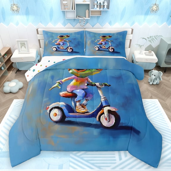 Feelyou Kawaii Jungle Frog Full Size Comforter Sets for Child, Fashion Artwork Bedding Comforter Set, Cartoon Animal Theme Reversible Bedding Sets, Microfiber Bedroom Decor, 3-Piece