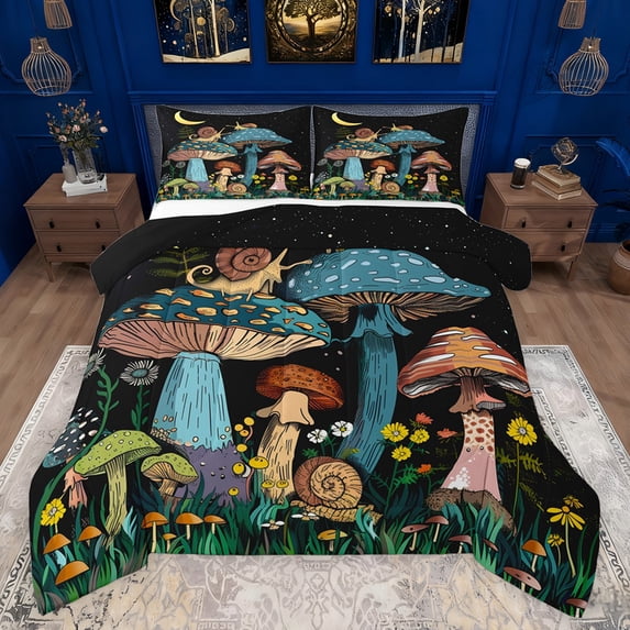Feelyou Kawaii Jungle Mushroom Bedding Comforter Set for Teens, Cartoon Snail Twin Comforter Sets, Rustic Farmhouse Reversible Bedding Set, Luxury Bedroom Decor, 2-Piece