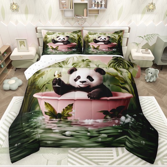 Feelyou Kawaii Jungle Panda Queen Comforter Set, Happy Holiday Party Bedding Sets, Cartoon Animal Lover Reversible Bedding Comforter Set, Luxury Bedroom Decor, 3 Pieces