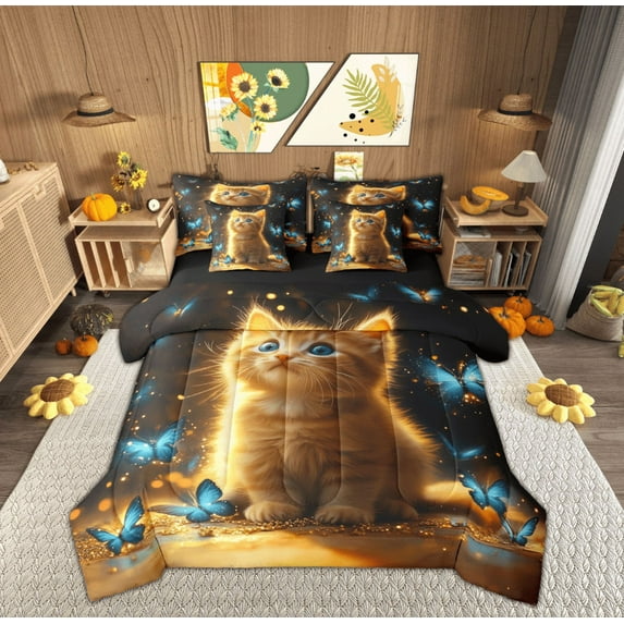 Feelyou Kawaii Kitten Animal Twin Bedding Sets 7-Piece for Kids, Dreamy Blue Butterfly Bedding Comforter Set, Cute Cat Reversible Sheet Sets, Microfiber Bedroom Decor