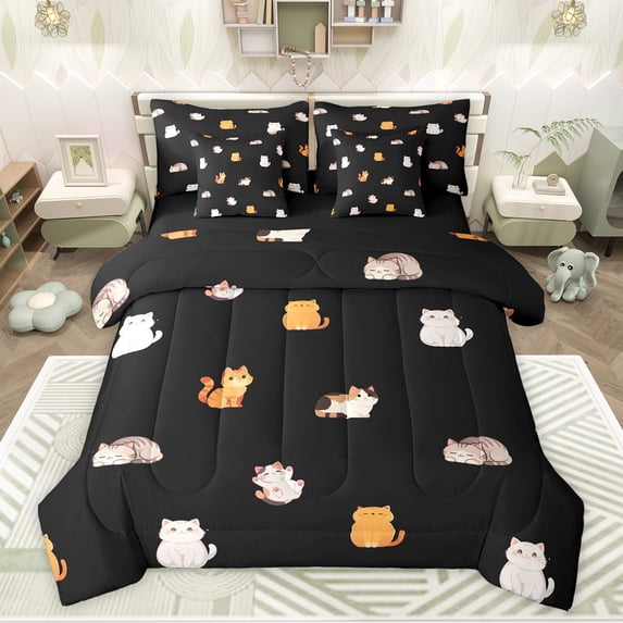 Feelyou Kawaii Kitten Cat Twin Bedding Sets 7-Piece, Cartoon Animal Bedding Comforter Set