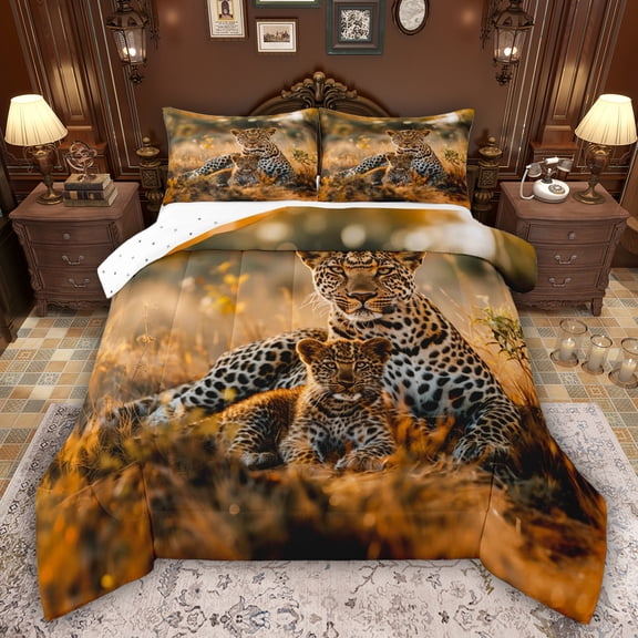 Feelyou Kawaii Leopard Family Full Size Comforter Sets, Jungle Animal Bedding Sets, 3pcs