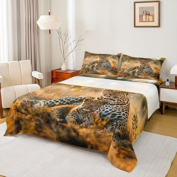 Feelyou Kawaii Leopard Family Queen Sheet Sets, Jungle Animal Bed Set, 4 Pieces