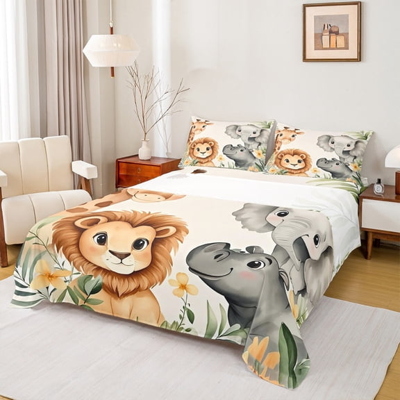 Feelyou Kawaii Lion King Bed Sheets, Cute Giraffe Elephant King Sheets, Cartoon Animal Theme ESheet Set, Ultra Soft Bedroom Decor, 4 Pieces