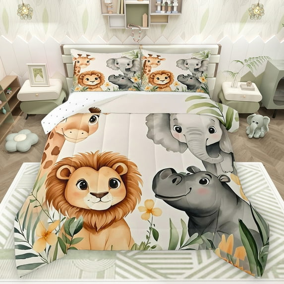 Feelyou Kawaii Lion King Full Size Comforter Sets, Cute Giraffe Elephant Bedding Comforter Set, Cartoon Animal Theme EReversible Bedding Sets, Ultra Soft Bedroom Decor, 3 Pieces