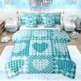 thumbnail image 1 of Feelyou Kawaii Love Heart Bedding Comforter Set 7pcs for Child, Romantic Cartoon King Bedding Sets, Cyan Patchwork Plaid Reversible Bed Sheets, Microfiber Bedroom Decor, 1 of 8