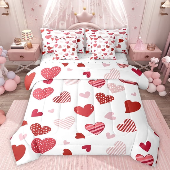 Feelyou Kawaii Love Heart Bedding Comforter Set 7pcs, Fashion Stripes Polkadots King Bedding Sets, Teens Kids Girls Women Reversible Bed Sheets, Breathable Home Decor