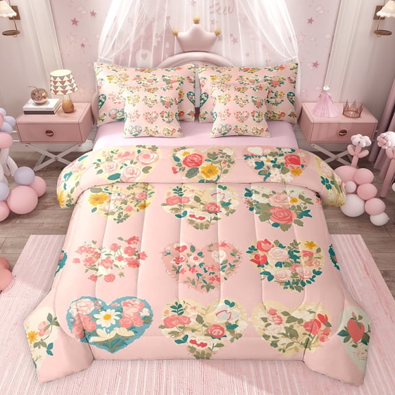 Feelyou Kawaii Love Heart Bedding Comforter Set 7pcs for Teen, Anniversary Flower Floral King Bedding Sets, Girly Pink Cartoon Reversible Bed Sheets, Ultra Soft Bedroom Decor