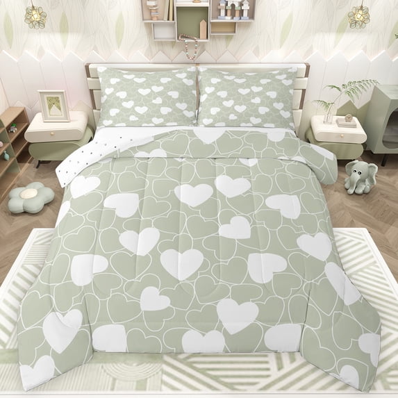 Feelyou Kawaii Love Heart Bedding Comforter Set for Kids, Romantic Valentines Day Twin Comforter Sets, Green Cartoon Reversible Bedding Set, Super Cozy Room Decor, 2pcs