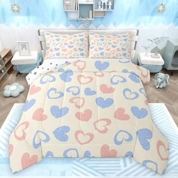 Feelyou Kawaii Love Heart Full Size Comforter Sets, Fashion Graffiti Cartoon Bedding Comforter Set, Teens Kids Girls Women Reversible Bedding Sets, Microfiber Bedroom Decor, 3-Piece