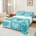 thumbnail image 1 of Feelyou Kawaii Love Heart Full Size Sheets for Child, Romantic Cartoon Bed Sheets, Cyan Patchwork Plaid Sheet Sets, Microfiber Bedroom Decor, 4pcs, 1 of 7