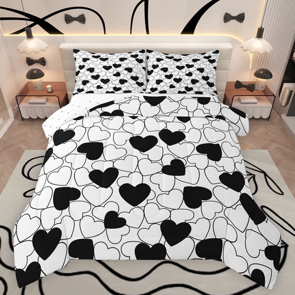 Feelyou Kawaii Love Heart Queen Comforter Set for Kids, Romantic Valentines Day Bedding Sets, White Black Cartoon Reversible Bedding Comforter Set, Microfiber Bedroom Decor, 3pcs