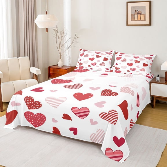 Feelyou Kawaii Love Heart Queen Sheet Sets, Fashion Stripes Polkadots Flat Sheet, Teens Kids Girls Women Queen Fitted Sheet, Breathable Home Decor, 4-Piece