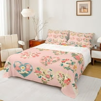 Feelyou Kawaii Love Heart Twin Sheet Sets for Teen, Anniversary Flower Floral Twin Fitted Sheet, Girly Pink Cartoon Flat Sheet, Ultra Soft Bedroom Decor, 3-Piece