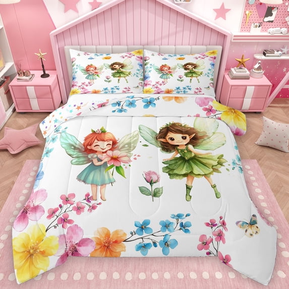 Feelyou Kawaii Magic Elf Queen Comforter Set for Kids, Cartoon Flower Floral Bedding Sets, Dreamy Fairy Tale Reversible Bedding Comforter Set, Microfiber Bedroom Decor, 3pcs