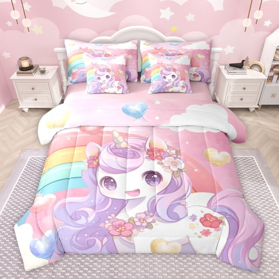 Feelyou Kawaii Magic Unicorn Bedding Comforter Set 7 Pieces, Watercolor Rainbow Full Bedding Set, Love Heart Balloon Reversible Fitted Sheet Flat Sheet, Luxury Bedroom Decor