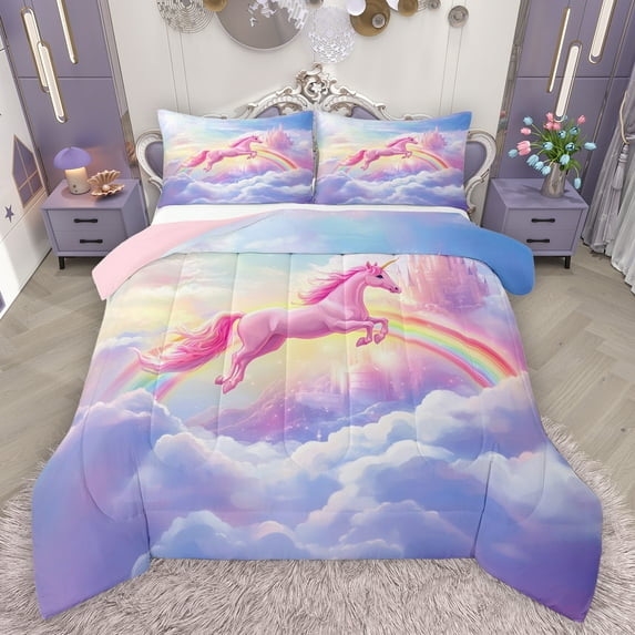 Feelyou Kawaii Magic Unicorn Bedding Comforter Set, Dreamy Glitter Rainbow Twin Comforter Sets, Fairy Tale Castle Reversible Bedding Set, Super Cozy Room Decor, 2-Piece