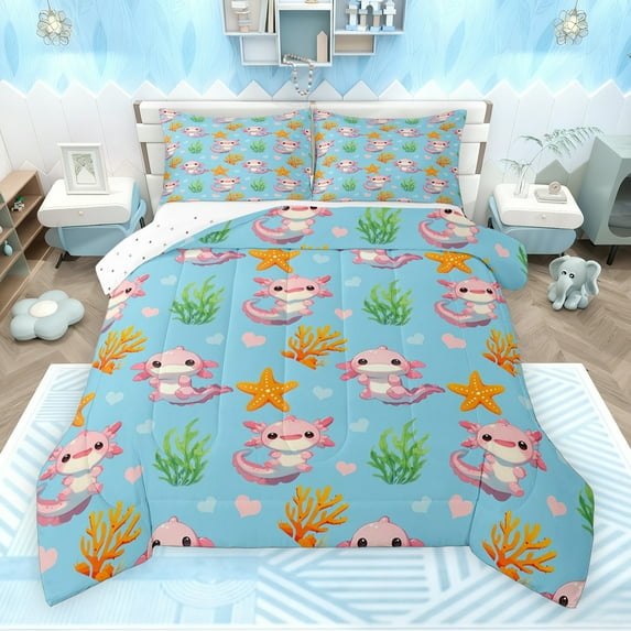 Feelyou Kawaii Marine Axolotl Full Size Comforter Sets for Kids, Cute Cartoon Starfish Bedding Comforter Set, Dreamy Ocean Coral Reversible Bedding Sets, Lightweight Room Decor, 3pcs