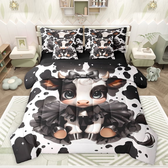 Feelyou Kawaii Milk Cow Bedding Comforter Set 7pcs for Kids, Fashion Cow Print King Bedding Sets, Cute Cartoon Animal Reversible Bed Sheets, Super Cozy Room Decor