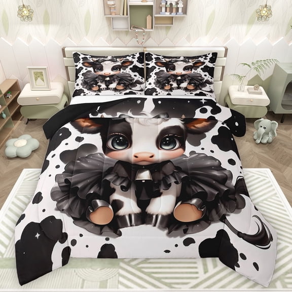 Feelyou Kawaii Milk Cow Bedding Comforter Set for Kids, Fashion Cow Print Twin Comforter Sets, Cute Cartoon Animal Reversible Bedding Set, Super Cozy Room Decor, 2pcs