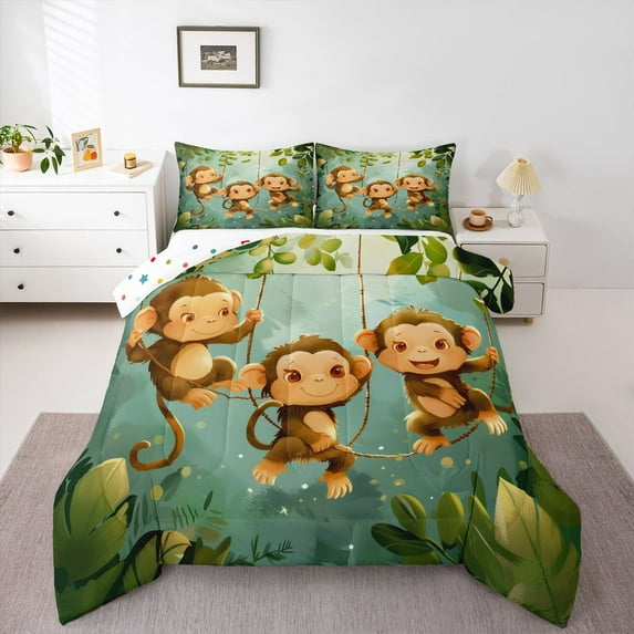 Feelyou Kawaii Monkey Animal Twin Comforter Sets, Green Leaf Plant Bedding Set, 2 Pieces