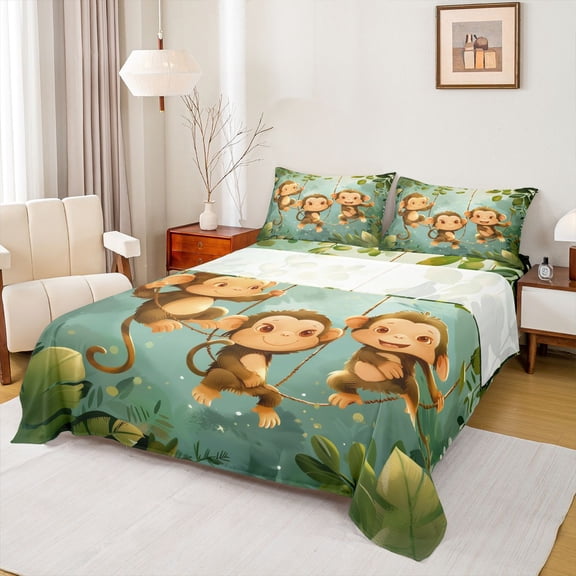 Feelyou Kawaii Monkey Animal Twin Sheet Sets, Green Leaf Plant Bedding, 3 Pieces