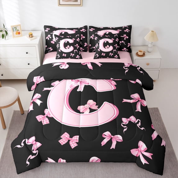 Feelyou Kawaii Monogrammed C Bedding Comforter Set 7pcs for Teen, Black Pink Bow-tie Queen Bedding Sets, Cartoon Princess Bow Reversible Queen Sheet Sets, Super Cozy Room Decor
