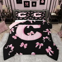 Feelyou Kawaii Monogrammed C Bedding Comforter Set for Teen, Black Pink Bow-tie Twin Comforter Sets, Cartoon Princess Bow Reversible Bedding Set, Super Cozy Room Decor, 2 Pieces
