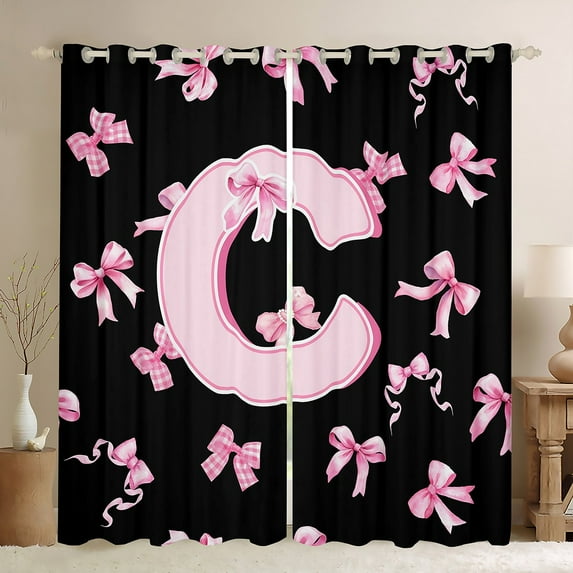 Feelyou Kawaii Monogrammed C Black Out Curtains for Teen, Black Pink Bow-tie Curtains Pack of 2 (42x63 Each), Cartoon Princess Bow Bedroom Curtains, Curtains and Drapes Room Decor