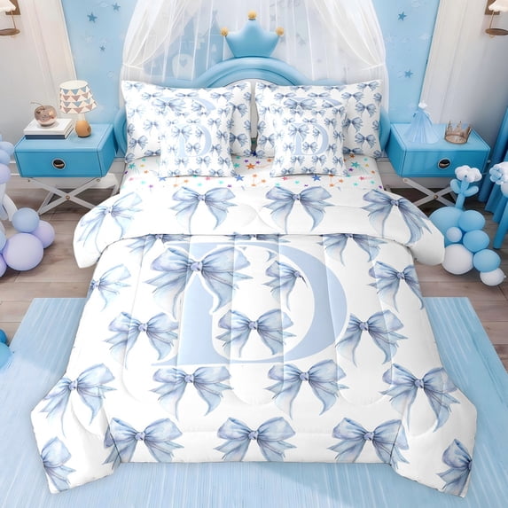 Feelyou Kawaii Monogrammed D Twin Bedding Sets 7-Piece for Teens, Fashion Bowknot Ribbon Bedding Comforter Set, Cute Princess Style Reversible Sheet Sets, Super Cozy Room Decor