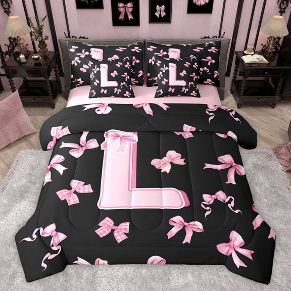 Feelyou Kawaii Monogrammed L Bedding Comforter Set 7pcs for Teen, Black Pink Bow-tie King Bedding Sets, Cartoon Princess Bow Reversible Bed Sheets, Microfiber Bedroom Decor